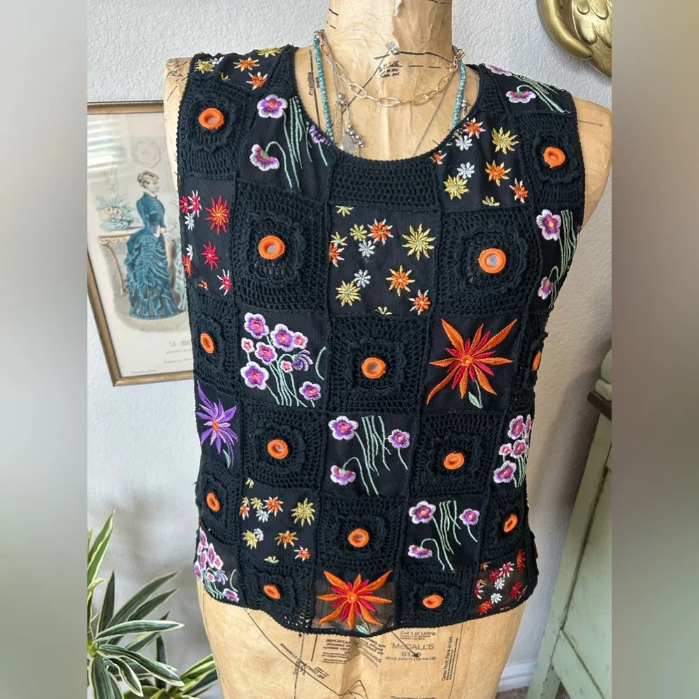 Jenni Max Y2K Black Colorful Crochet Embroider Sequin Silk Blend Boho Blouse XL - Picture 2 of 9